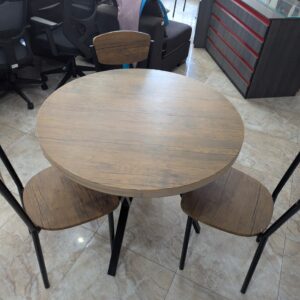 Industrial-style round dining set with 3 MDF chairs, wood-look finish, and metal frame.